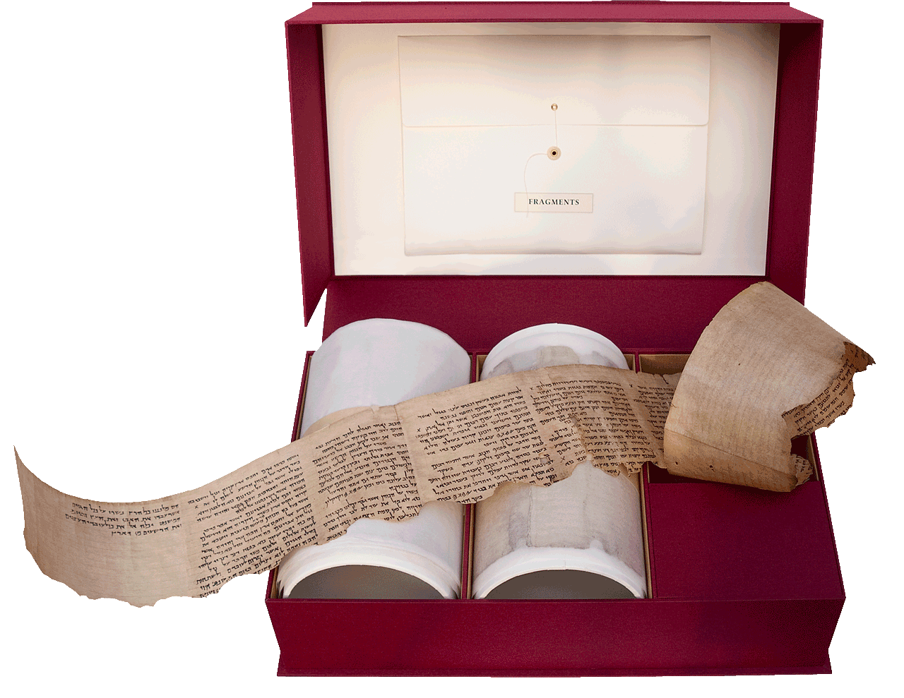 Presentation case containing three Scrolls and three sets of fragments.  © Copyright 2021 Facsimile Editions Ltd. <small><a href="https://www.facsimile-editions.com/copyright/">CLICK HERE for Copyright T&C Facsimile Editions Ltd</a></small>