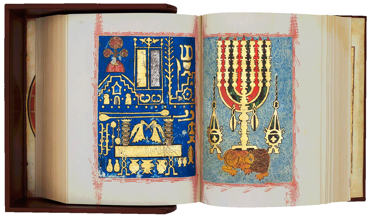 Folio 120/121 The famous carpet pages, traditional in Sephardic bibles, depict the implements used in the Temple, the Mount of Olives, the table of Shewbread and the menorah guarded by the Lion of Judah.<br /><a href="https://facsimile-editions.com/product/kennicott-120/"> Click to PURCHASE <u>just</u> this leaf </a><small><a href="https://www.facsimile-editions.com/copyright/">© Copyright 2021 Facsimile Editions Ltd</a></small>