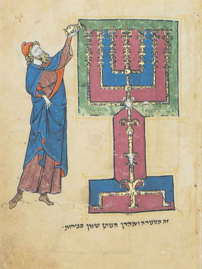 Folio 114a Aaron lighting the menorah <br /><a href="https://facsimile-editions.com/product/north-french-114/"> Click to PURCHASE <u>just</u> this leaf </a><small><a href="https://www.facsimile-editions.com/copyright/">© Copyright 2021 Facsimile Editions Ltd</a></small>