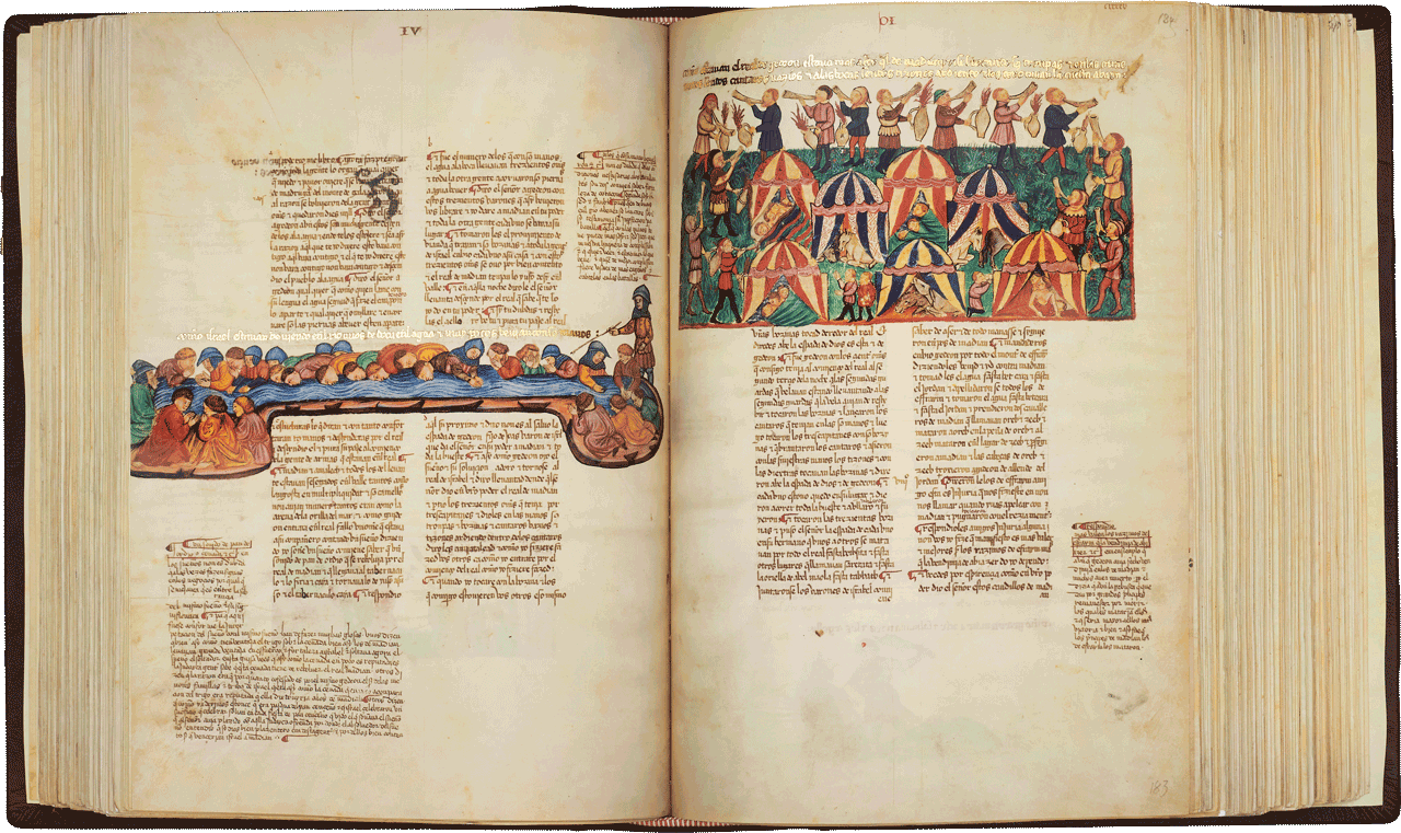 Folio 183v  Gideon selects those Israelites who drink from their hands, to fight against Midian. Beside an expanse of water which extends across the page, Gideon's men lie flat, crouch or kneel; they drink by stretching out their heads to lap the water, or by carrying the water to their mouths in their hands. Gideon, standing on the right and wearing a jerkin with a helmet and mail headpiece, chooses those who will accompany him into battle: with his stick, he points out the three hundred men who are drinking from their hands.<br />Folio 184r Gideon's army attacks the camp of the Midianites. Gideon's men blow horns and hold pitchers, which give out the flames of the torches within. <br />Gideon uses his sword to decapitate Zebah and Zalmunna, kings of Midian, for having killed his brothers at Tabor.   Image © Copyright 2021 Facsimile Editions Ltd. <small>For use visit: <a href="https://www.facsimile-editions.com/copyright/">Copyright T&C Facsimile Editions Ltd</a></small>