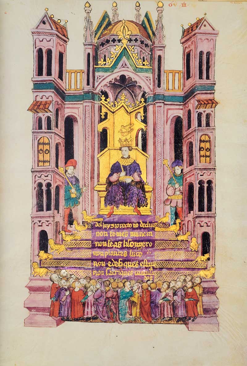 Folio 235r  Solomon's throne. Solomon is shown seated like a judge, his rod of justice in his right hand. This scene resembles the one showing the presentation of the manuscript to the Grand Master of Calatrava who possibly saw himself as a man as wise as Solomon. Underlying the iconography of this scene are various rabbinical sources. Image © Copyright 2021 Facsimile Editions Ltd. <small>For use visit: <a href="https://www.facsimile-editions.com/copyright/">Copyright T&C Facsimile Editions Ltd</a></small>