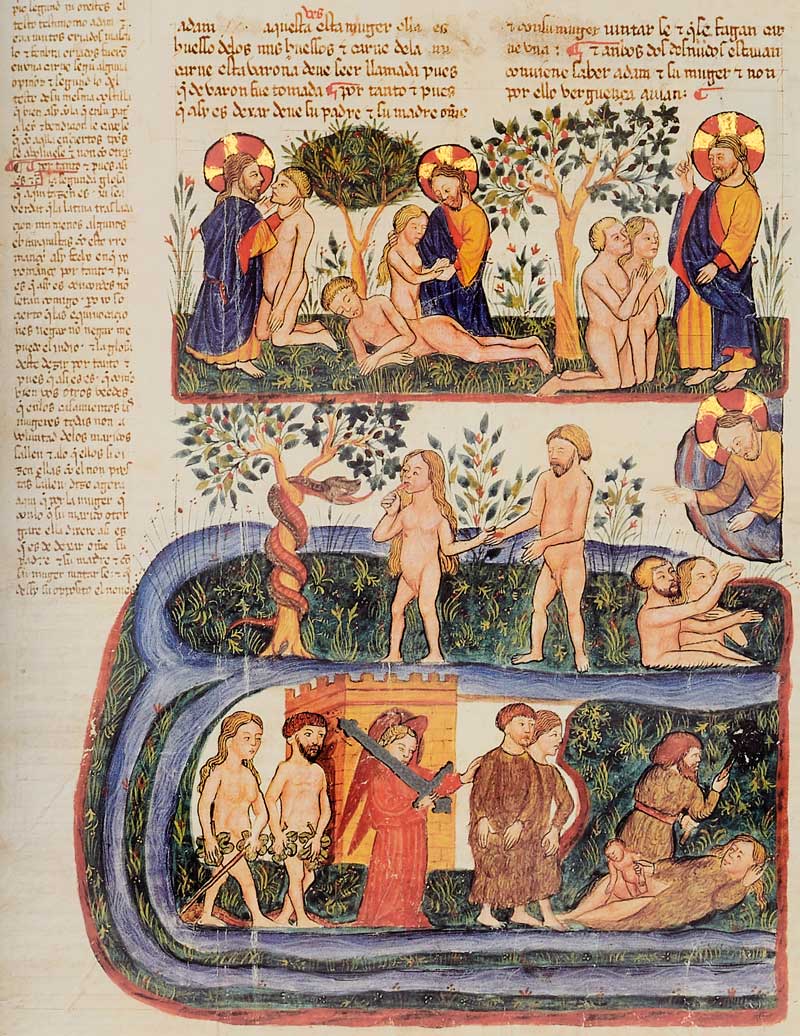 Folio 28r (detail) Adam and Eve. The Adam and Eve cycle is presented in three consecutive sequences, to be read from top to bottom: <br />First sequence: Creation of man, Creation of Eve and the blessing of the couple.<br />Second sequence: Temptation and transgression, God's reprimand.<br />Third sequence: Adam and Eve wearing fig leaves and the serpent's punishment, expulsion from Eden, Adam and Eve wearing animal skins, Adam and Eve's punishment, birth of Cain. The illustrations reflect rabbinic influence. For example, the Tree of Life has two different types of leaves, apple and fig. In the last sequence, Adam’s hair has turned from blond to red reflecting the Midrashic element wherein red signifies sin. Image © Copyright 2021 Facsimile Editions Ltd. <small>For use visit: <a href="https://www.facsimile-editions.com/copyright/">Copyright T&C Facsimile Editions Ltd</a></small>