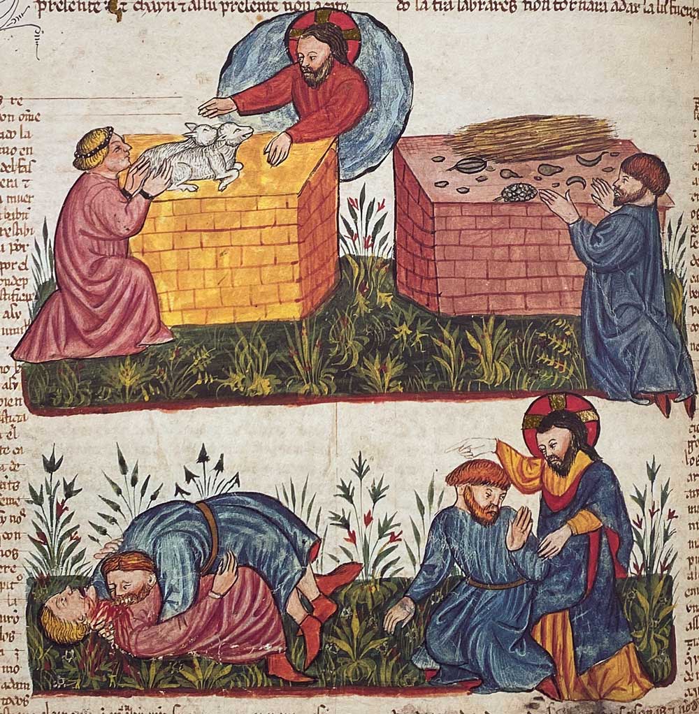 IMAGE 29v (detail) Cain and Abel. The first sequence shows Abel's sacrifice, while the second sequence shows the murder of Abel. According to rabbinic sources, Cain kills Abel by biting him in the neck like a serpent.    Image © Copyright 2021 Facsimile Editions Ltd. <small>For use visit: <a href="https://www.facsimile-editions.com/copyright/">Copyright T&C Facsimile Editions Ltd</a></small>